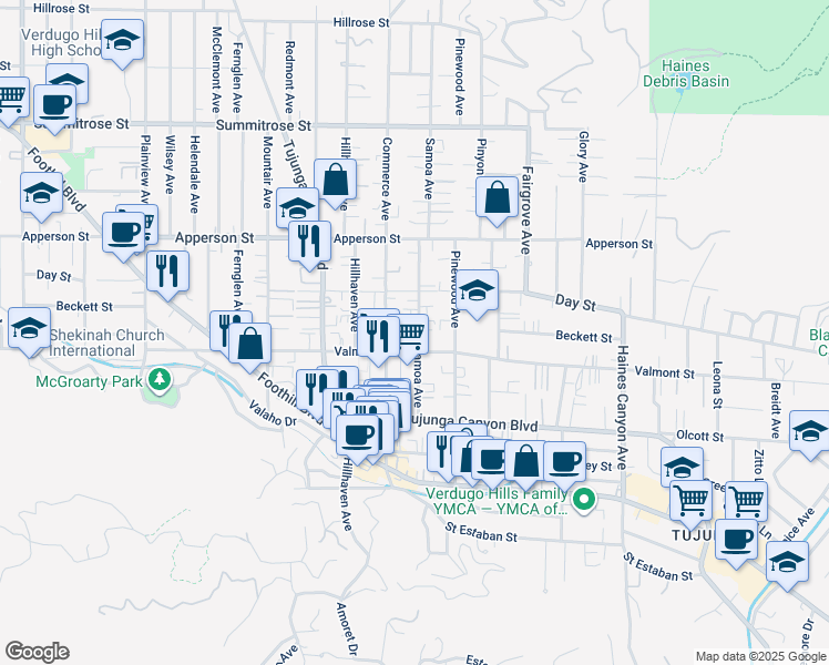 map of restaurants, bars, coffee shops, grocery stores, and more near 10121 Samoa Avenue in Los Angeles