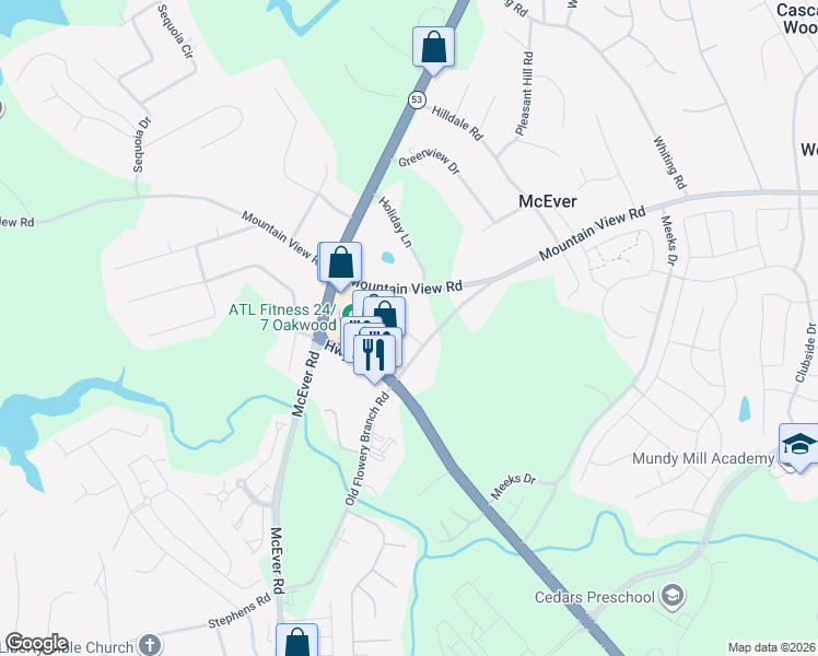 map of restaurants, bars, coffee shops, grocery stores, and more near 3730 Old Flowery Branch Road in Oakwood