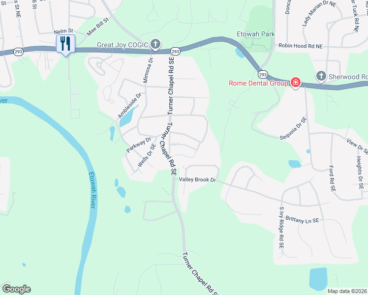 map of restaurants, bars, coffee shops, grocery stores, and more near 28 Mitchell Circle Southeast in Rome