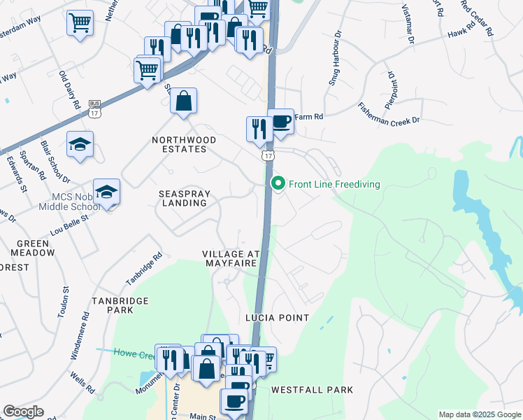 map of restaurants, bars, coffee shops, grocery stores, and more near 513 Sandcastle Court in Wilmington