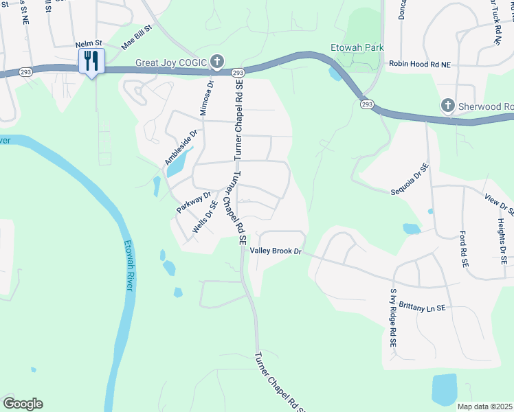 map of restaurants, bars, coffee shops, grocery stores, and more near 20 Mitchell Circle Southeast in Rome