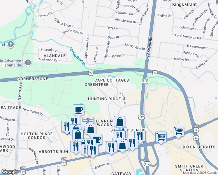 map of restaurants, bars, coffee shops, grocery stores, and more near 5121 Hunters Trail in Wilmington