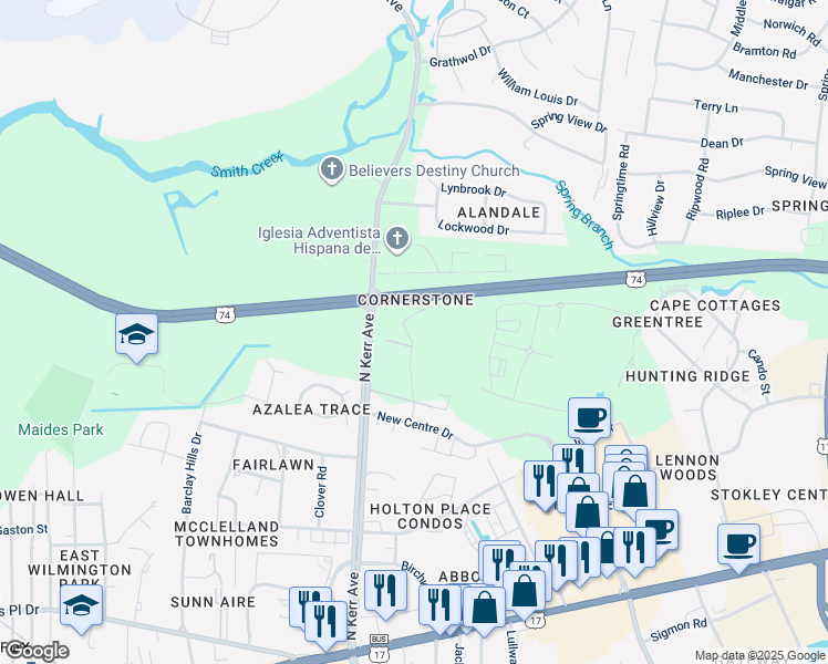 map of restaurants, bars, coffee shops, grocery stores, and more near 4519 Sagedale Drive in Wilmington