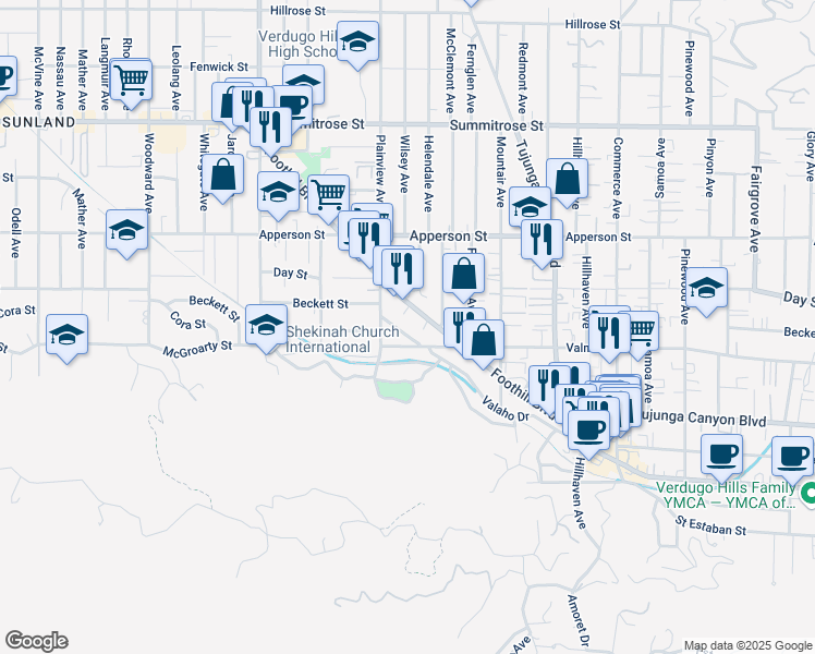 map of restaurants, bars, coffee shops, grocery stores, and more near 7553 Valaho Drive in Los Angeles