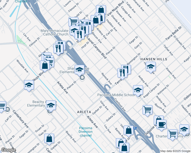 map of restaurants, bars, coffee shops, grocery stores, and more near 13674 Gager Street in Los Angeles