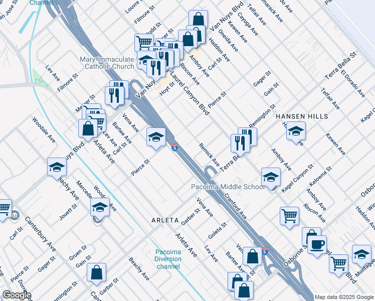 map of restaurants, bars, coffee shops, grocery stores, and more near 13674 Gager Street in Los Angeles