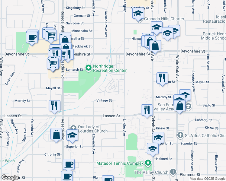 map of restaurants, bars, coffee shops, grocery stores, and more near 18120 Andrea Circle South in Los Angeles