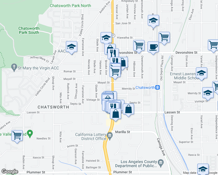 map of restaurants, bars, coffee shops, grocery stores, and more near 10041 California 27 in Los Angeles