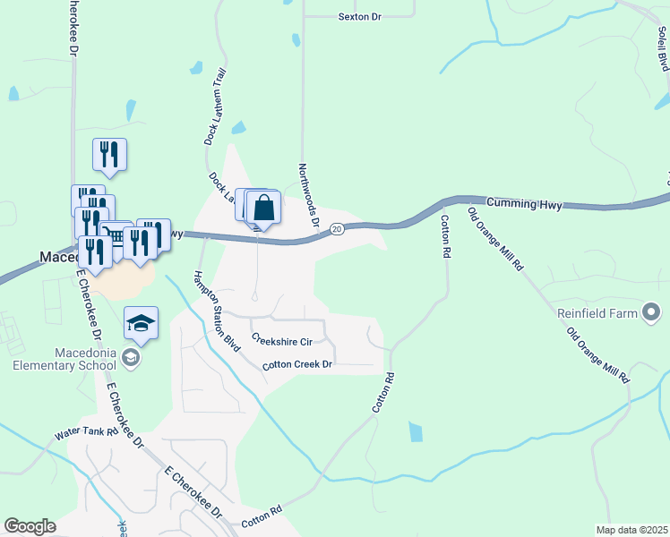 map of restaurants, bars, coffee shops, grocery stores, and more near 8664 Cumming Highway in Canton
