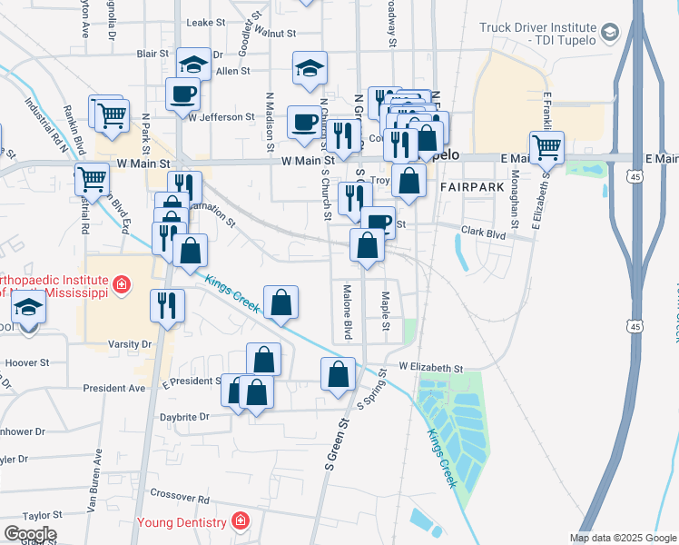 map of restaurants, bars, coffee shops, grocery stores, and more near 700-724 S Church St in Tupelo