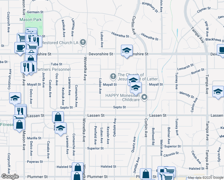 map of restaurants, bars, coffee shops, grocery stores, and more near 19915 Merridy Street in Los Angeles