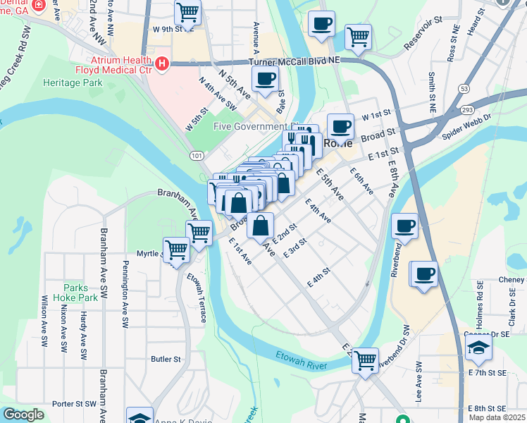 map of restaurants, bars, coffee shops, grocery stores, and more near 234 Broad Street in Rome