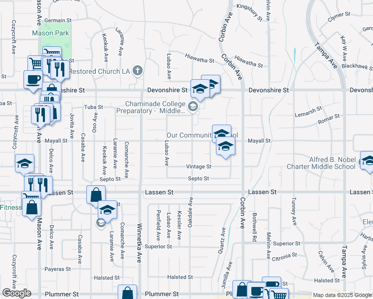 map of restaurants, bars, coffee shops, grocery stores, and more near 19915 Merridy Street in Los Angeles