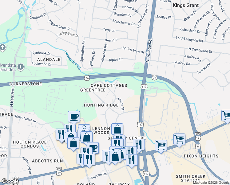 map of restaurants, bars, coffee shops, grocery stores, and more near 715 Clearwater Court in Wilmington