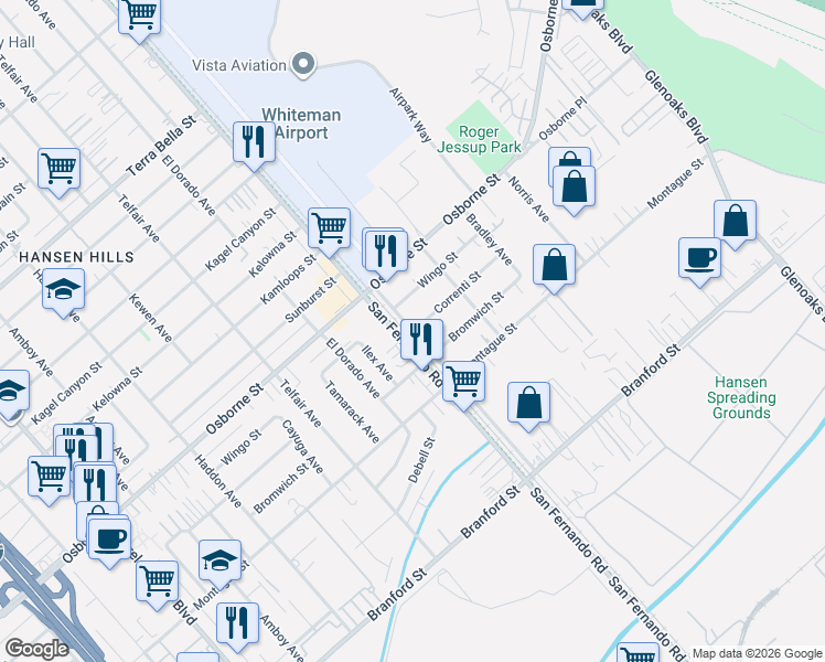 map of restaurants, bars, coffee shops, grocery stores, and more near 12602 Correnti Street in Los Angeles