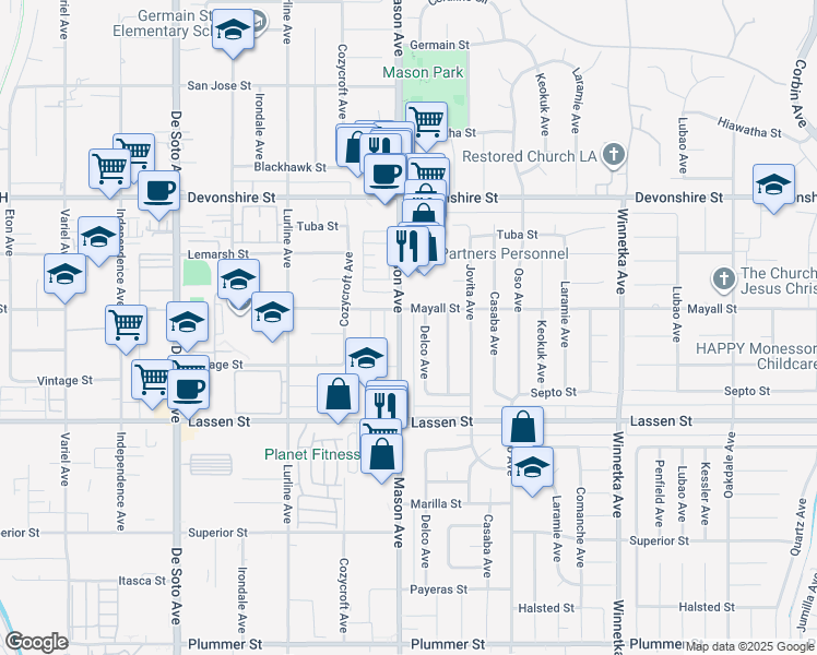 map of restaurants, bars, coffee shops, grocery stores, and more near 10040 Mason Avenue in Los Angeles