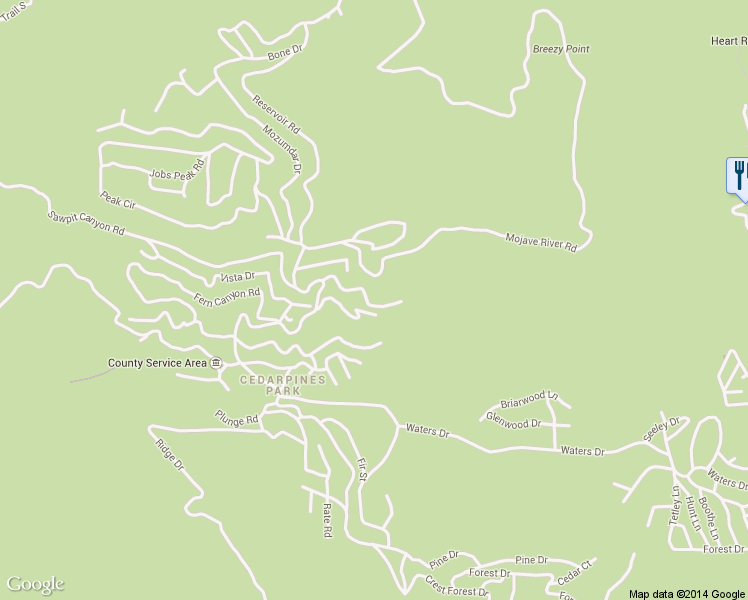 map of restaurants, bars, coffee shops, grocery stores, and more near 22052 Elliot Road in Crestline