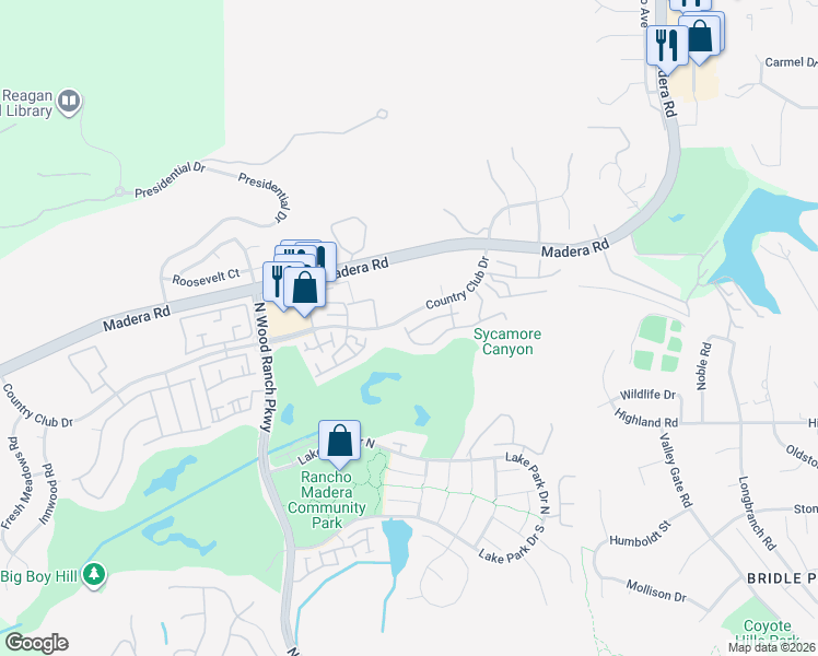 map of restaurants, bars, coffee shops, grocery stores, and more near 392 Country Club Drive in Simi Valley