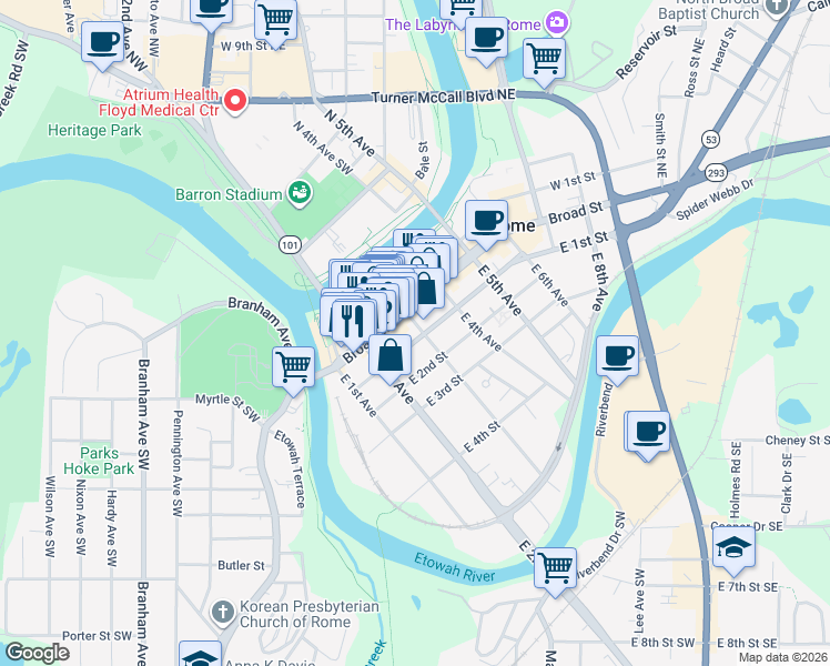 map of restaurants, bars, coffee shops, grocery stores, and more near 219 East 1st Street in Rome