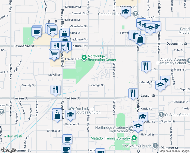 map of restaurants, bars, coffee shops, grocery stores, and more near 18221 Andrea Circle North in Los Angeles