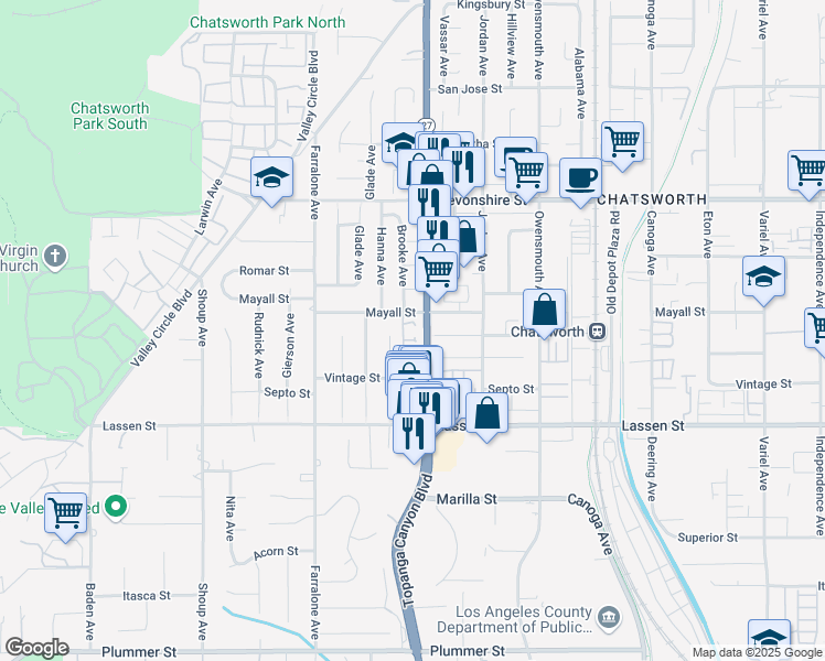 map of restaurants, bars, coffee shops, grocery stores, and more near 10061 Topanga Canyon Boulevard in Los Angeles