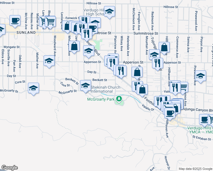 map of restaurants, bars, coffee shops, grocery stores, and more near 7639 Valmont Street in Los Angeles