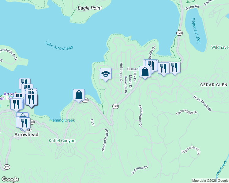 map of restaurants, bars, coffee shops, grocery stores, and more near 151 Joaquin Miller Road in Lake Arrowhead