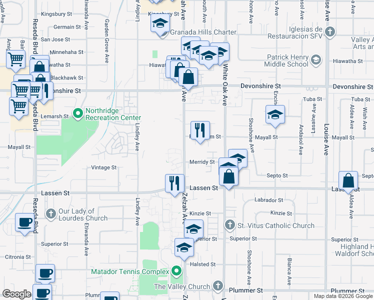 map of restaurants, bars, coffee shops, grocery stores, and more near 17819 Merridy Street in Los Angeles