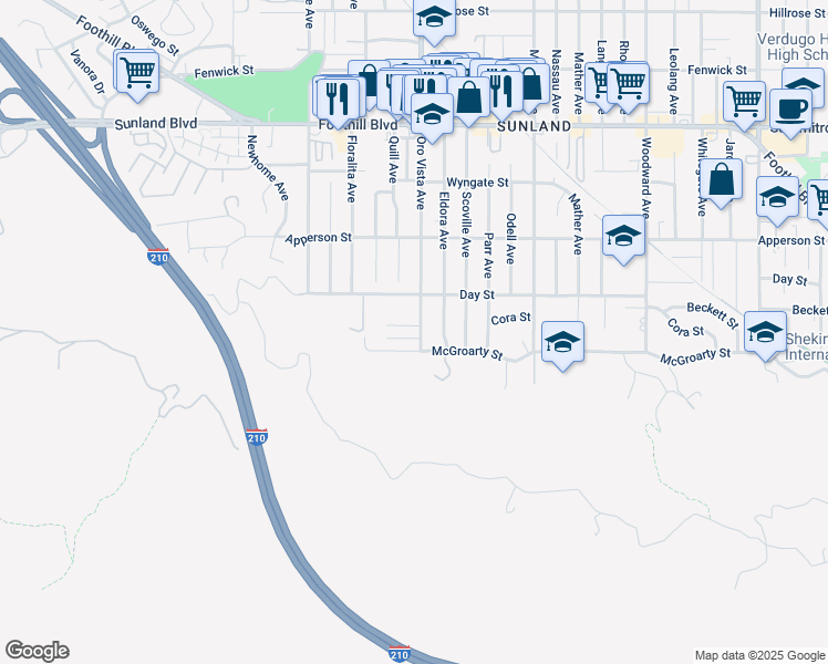 map of restaurants, bars, coffee shops, grocery stores, and more near 10121 Oro Vista Avenue in Los Angeles
