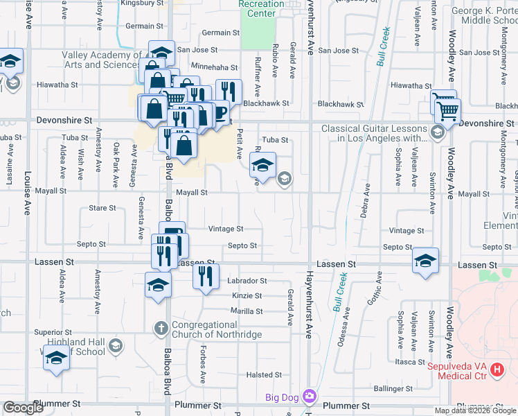 map of restaurants, bars, coffee shops, grocery stores, and more near 10038 Ruffner Avenue in Los Angeles