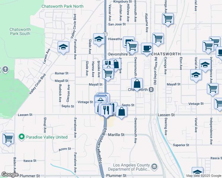 map of restaurants, bars, coffee shops, grocery stores, and more near 21923 Merridy Street in Los Angeles