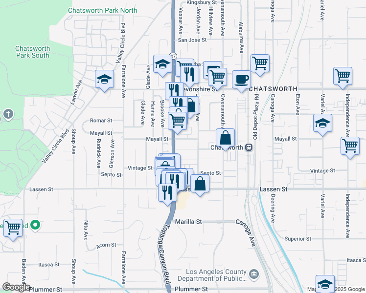 map of restaurants, bars, coffee shops, grocery stores, and more near 21923 Merridy Street in Los Angeles