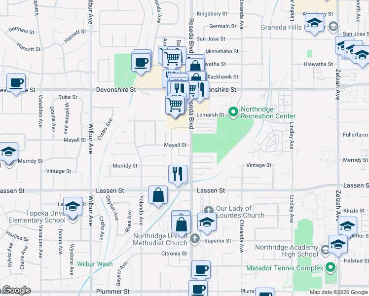 map of restaurants, bars, coffee shops, grocery stores, and more near 18502 Mayall Street in Los Angeles