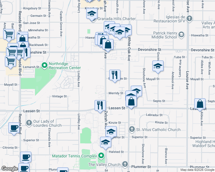 map of restaurants, bars, coffee shops, grocery stores, and more near 17819 Merridy Street in Los Angeles