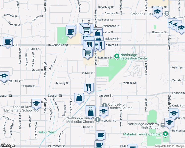 map of restaurants, bars, coffee shops, grocery stores, and more near 18502 Mayall Street in Los Angeles