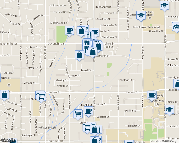 map of restaurants, bars, coffee shops, grocery stores, and more near 18524 Mayall Street in Los Angeles