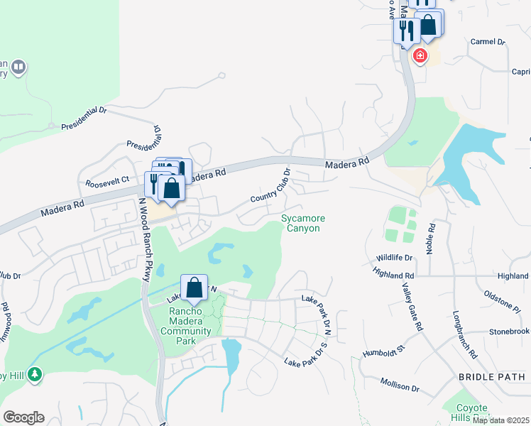 map of restaurants, bars, coffee shops, grocery stores, and more near 310 Country Club Drive in Simi Valley