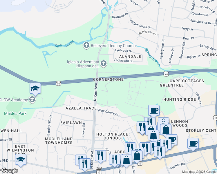 map of restaurants, bars, coffee shops, grocery stores, and more near 1018 North Kerr Avenue in Wilmington