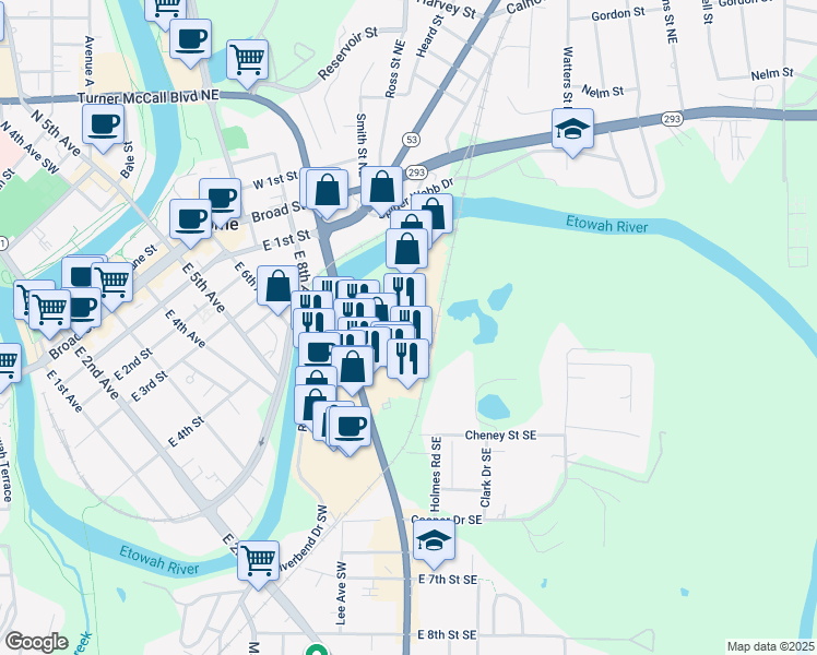 map of restaurants, bars, coffee shops, grocery stores, and more near 86 Hicks Drive Southeast in Rome