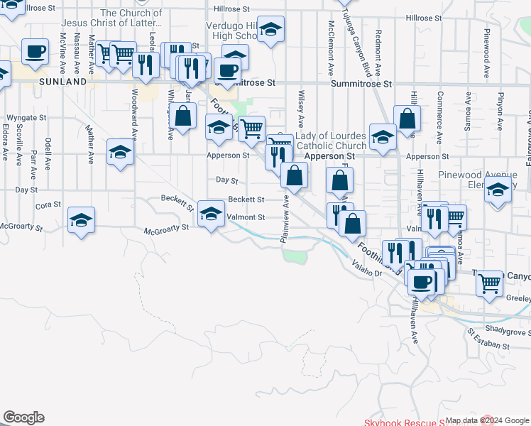 map of restaurants, bars, coffee shops, grocery stores, and more near 7635 Valmont Street in Los Angeles