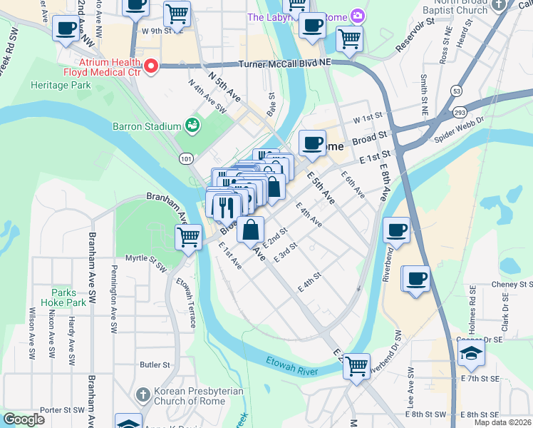 map of restaurants, bars, coffee shops, grocery stores, and more near 219 East 1st Street in Rome