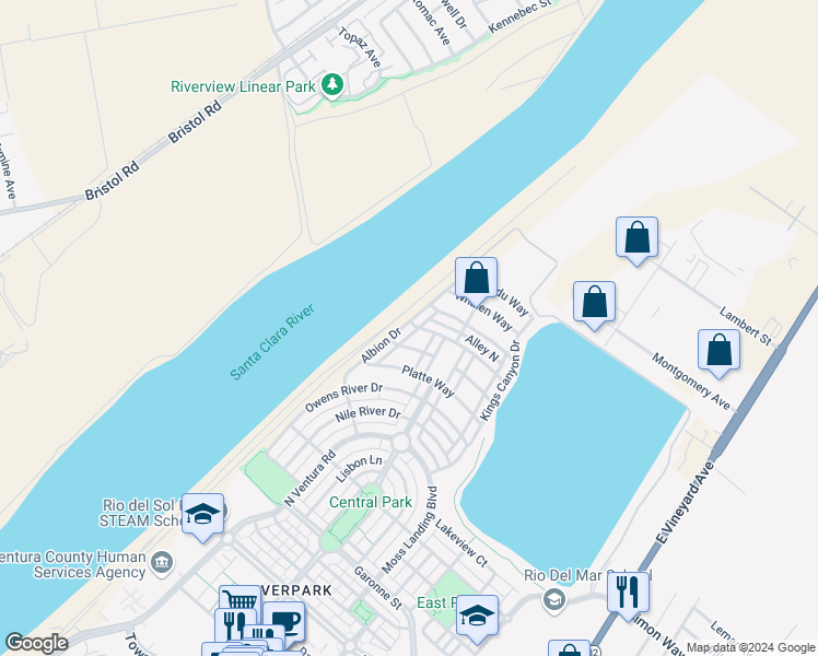 map of restaurants, bars, coffee shops, grocery stores, and more near 3554 Albion Drive in Oxnard