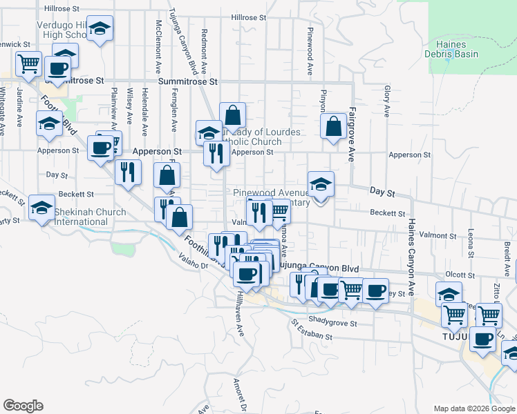 map of restaurants, bars, coffee shops, grocery stores, and more near 10129 Commerce Avenue in Los Angeles