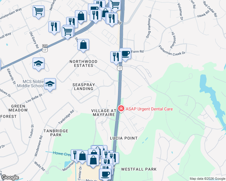map of restaurants, bars, coffee shops, grocery stores, and more near 598 Sandcastle Court in Wilmington