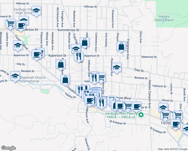 map of restaurants, bars, coffee shops, grocery stores, and more near 10059 Commerce Avenue in Los Angeles