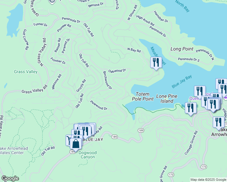 map of restaurants, bars, coffee shops, grocery stores, and more near 190 Birchwood Drive in Lake Arrowhead