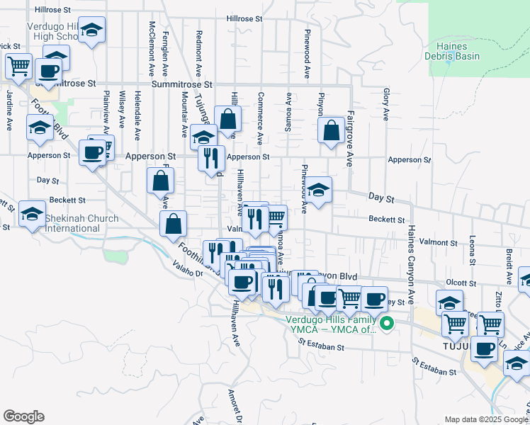 map of restaurants, bars, coffee shops, grocery stores, and more near 10130 Commerce Avenue in Los Angeles