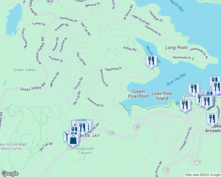 map of restaurants, bars, coffee shops, grocery stores, and more near 190 Birchwood Drive in Lake Arrowhead