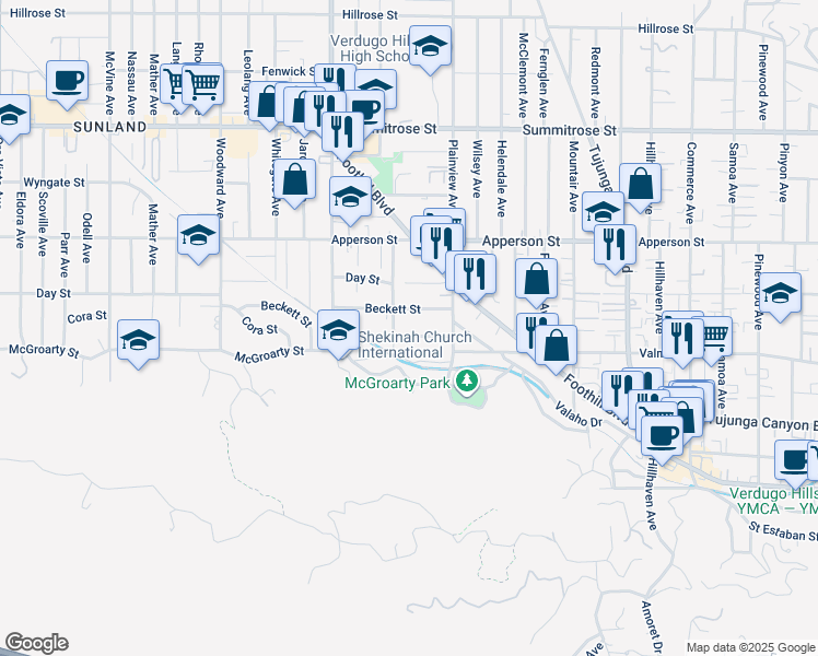 map of restaurants, bars, coffee shops, grocery stores, and more near 7651 Valmont Street in Los Angeles