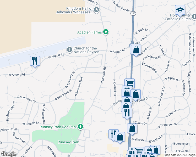 map of restaurants, bars, coffee shops, grocery stores, and more near 507 West Locust Road in Payson